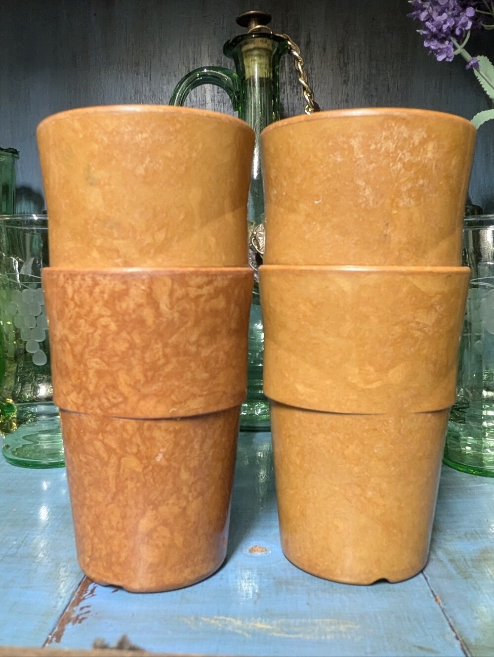 Vintage US Military 1952 Melamine Brown Marbled Mess Hall Camp Cup, Set 4